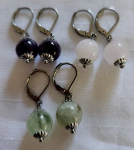 Rose Quartz, Amethyst Prehnite 3 Pair Round Leverback Earrings Sterling Silver - Picture 1 of 10