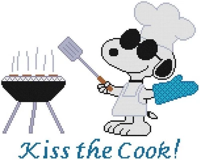 CROSS STITCH+ CRAFT PATTERN Snoopy Beagle Dog Barbecue Kiss the Cook Summer Fun - Image 1 of 4