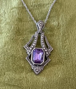 Vintage 1994 AVON Art Deco Stil Halskette mit künstlichem Markasiten & Amethyst, 32" Zoll - Bild 1 von 5