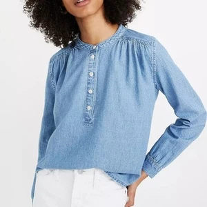 Madewell Denim Shirred Popover Top In Emmie Wash Cotton Blue Size S - Picture 1 of 12