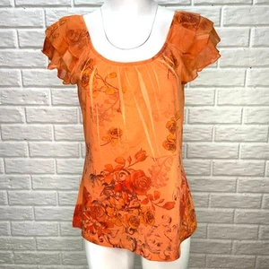 Jane Ashley Casual Lifestyle Top Damen Large Orange Blumenmuster Flatterärmel - Bild 1 von 8