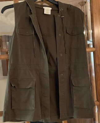 Matty M Olive Green Hooded Utility Vest Women's Size M Casual Snap Mid Length - Image 1 of 4