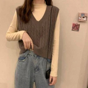 Sweater Knitted Women Pullovers V-neck Casual  Sleeveless Waistcoat  Vest Loose - Picture 1 of 19