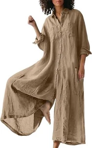 Women Linen Button Down Long Sleeve Wide Leg Jumpsuit Beach Palazzo Pants - Picture 1 of 37