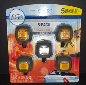 5 Febreze Car Vent Clips / 4 HAWAIIAN ALOHA + 1 HEAVY DUTY - Picture 1 of 2