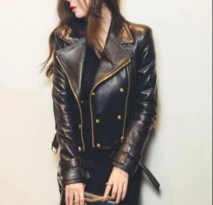 Women's Black Moto Style Genuine Leather Motorcycle Slim fit Biker Jacket - Picture 1 of 4