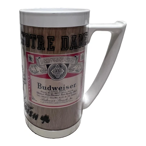 Budweiser Notre Dame Fightin' Irish Thermo-serv Plastic Mug Cup Beer Stein Vtg Cover