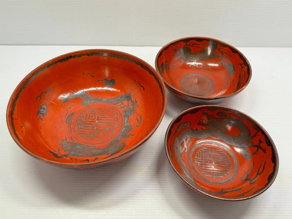 Juego 3 cuencos antiguos japoneses de porcelana Kutani naranja y plata dragón circa 1920 Foto 1 de 4