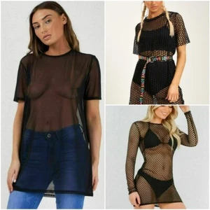Damas Mangas Cortas Gran Tamaño Negro Malla Transparente Camiseta Vestido Ver a través del torso - Imagen 1 de 10
