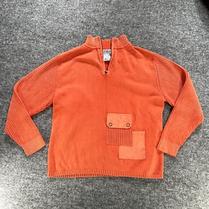 VINTAGE PBJ BLUES Sweater Womans Large Orange Knit Denim Patchwork Quarter Zip - Picture 1 of 9