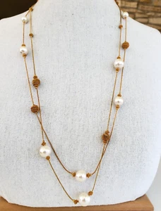 Vtg Etruscan Faux Pearl Filigree Bead 2 Strand Gold Tone Chain Necklace 29.5" - Picture 1 of 9