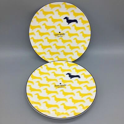 2 Kate Spade Wickford Plate Set Dachsund Dog Yellow Navy Accent Lunch Dessert 9" - Image 1 of 4