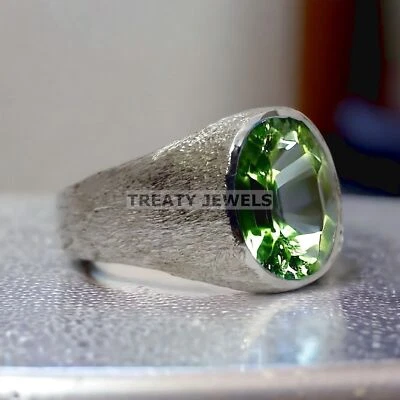 Piedras preciosas de corte ovalado de peridoto con anillo de plata de ley 925 para hombre #961 Foto 1 de 4