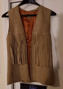Leather Suede Vest w/ Fringe Tassles made in 1960s silk lined ~ vintage / retro - Picture 1 of 11