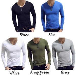Men's Boys Long Sleeve V-Neck T-shirt Pullover Blouse Basic Slim Tee Tops Autumn - Imagen 1 de 36