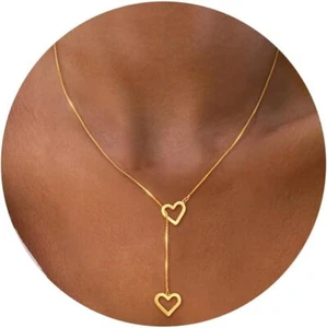Lariat Gold Long Necklace Women Trendy Layered Dainty Pendant 14K Gold Plated - Picture 1 of 7