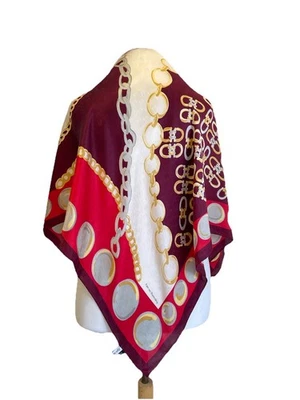 Y8# Egon von Fürstenberg cachecol de seda corrente e medalhão estampa Borgonha vermelho vintage - Imagem 1 de 4