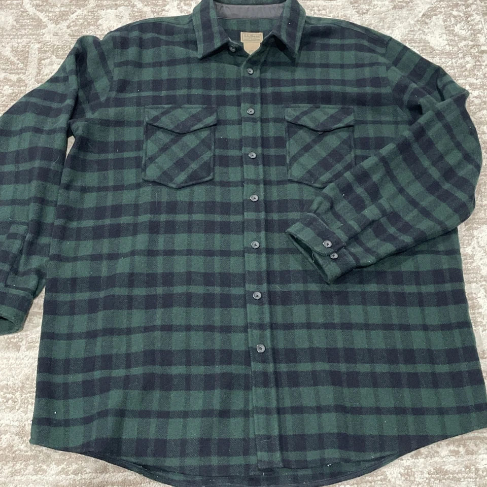 Vtg LL Bean Shirt Wool Blend Flannel Buffalo Plaid Men’s Sz XL Tall Green - Image 1 of 4