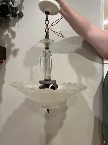 Antique 1930s Art Deco Ceiling Pendant Metal Light Fixture Vintage Cover