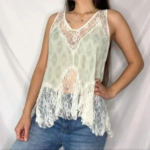 FREE PEOPLE Ivory and Green Lace Tank top Tunic Size M Racerback racer back - Picture 1 of 4