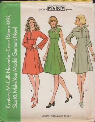 McCall's 3393 Empire Waist A Line Dress and Scarf Pattern Vtg 70s Size 10 Uncut - Image 1 of 4