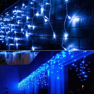 13ft 96 LED Fairy Icicle Curtain Lights Party Indoor Outdoor Xmas Home Lamp Blue - Picture 1 of 12