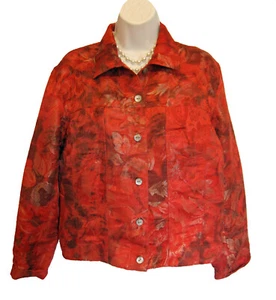 CHICOS Silk Metallic Jacket Size 1 8 10 M Leaves Rust Chico's Layer Multi Casual - Picture 1 of 6