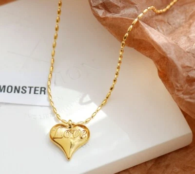 Mujeres Niña Titanio Acero Inoxidable Oro Corazón Amor Cadena Collar 16-18" Foto 1 de 4