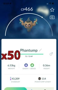 ¡Paquete de 50 Pokémon Phantump!! ¡Buena oportunidad de suerte y buenos IV!! Go - Imagen 1 de 1