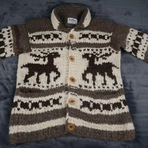 VINTAGE Kanata Cowichan Jumper Large Brown Reindeer Wool Hand Knit Cardigan - Picture 1 of 11