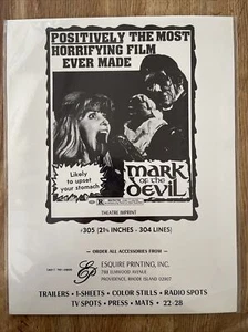 MARK OF THE DEVIL 1970 Original 8 x 11” Theatre Imprint Promo Ad Campaign Sheets - Picture 1 of 4