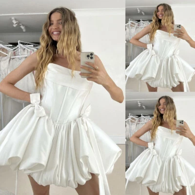 Satin Short Wedding Dresses with Bow Mini Strapless Sexy Beach Bridal Gowns - Image 1 of 4