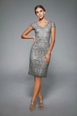 TADASHI SHOJI Silver Ash Embroidered Corded Lace Cold Shoulder Sheath Dress 8 M - Image 1 of 4