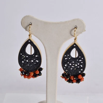 ORECCHINI  ARGENTO 925 DORATO GIADA NERA GOCCE ONICE CORALLO ROSSO     AGHT 0890 - Immagine 1 di 3
