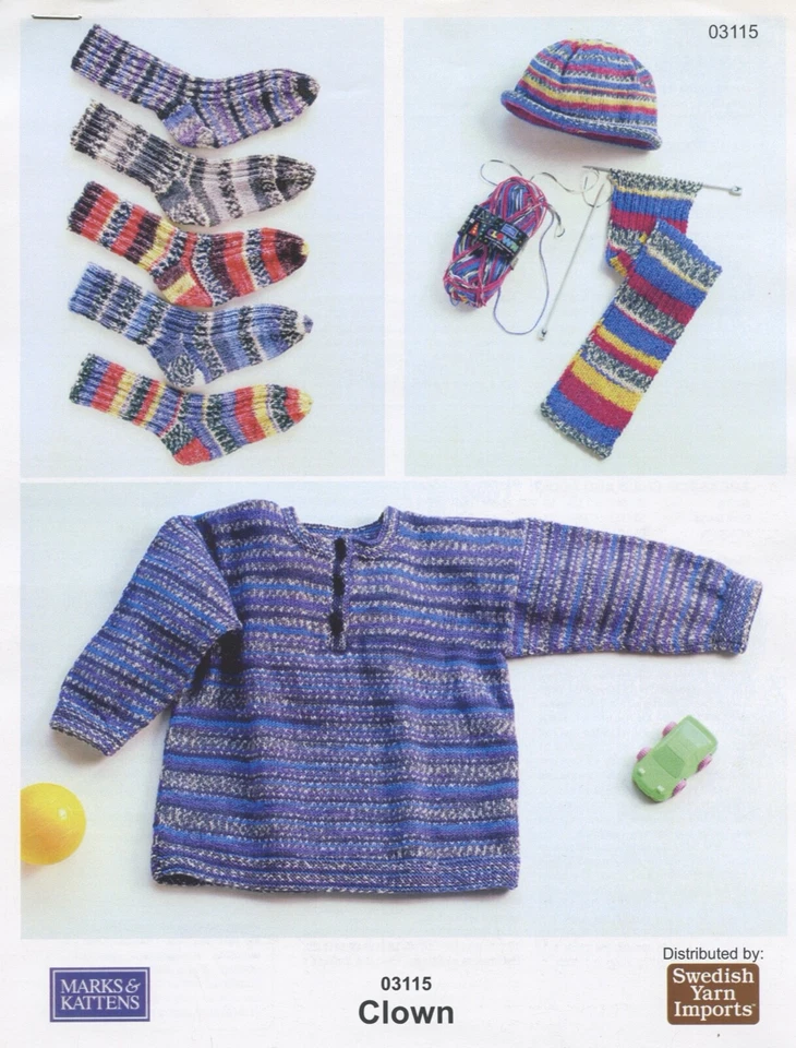 Marks & Kattens Knitting Pattern #03115 Clown Baby Child Sweater Hat Scarf Socks - Image 1 of 1