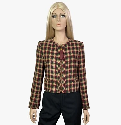 Blazer corto vintage a cuadros con detalles de cuero VALENTINO Miss V, años 80 Foto 1 de 4