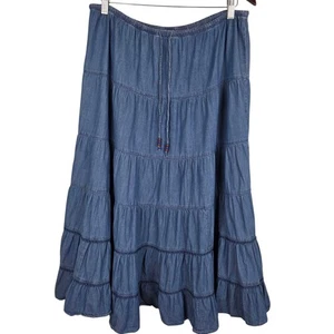 Womens L Midi/Maxi Skirt Blue Tiered Denim Chambray Peasant Pull On Tassels - Picture 1 of 11