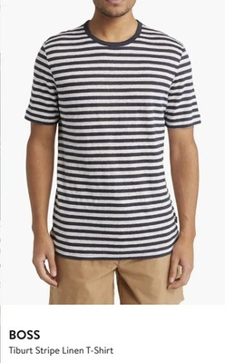 Hugo Boss Tiburon Navy Linen  Shirt M Stripe NWT - Image 1 of 4