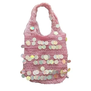 Light powder Pink Sequin Crochet Tote mini Bag- - some wear on sequin and lining - Picture 1 of 6