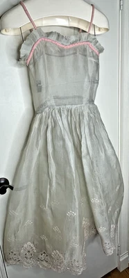 VTG Sheer Fit & Flare Pink  Velvet Spaghetti Straps Scalloped Lace Midi Dress - Image 1 of 4