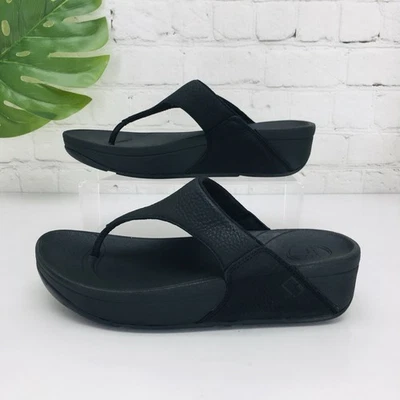 Fitflop Womens Electra Sandal Size 6 Black Leather Wedge Thong Sandals Flip Flop - Image 1 of 4