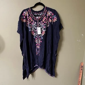 Nuevo con etiquetas Poncho Johnny Was Mujer Talla M Azul Marino Biya Alia Cupro Boho Bordado Elegante - Imagen 1 de 12