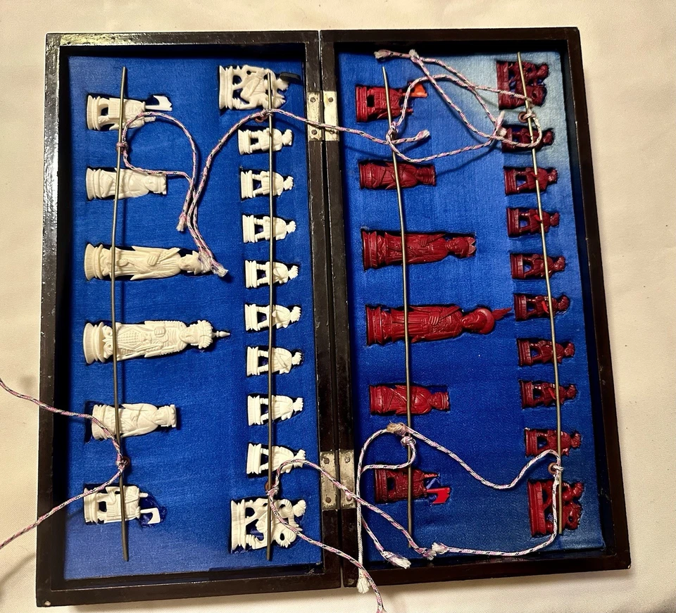 Vintage Chinese Chess Set with Handcarved Pieces - Image 1 of 4