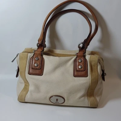 Bolso de Mano Cartera de Lona Fossil Tostado Crema Marrón Cuero Borde Cerradura Logo 12x8x5 Foto 1 de 4