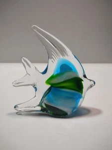 Hand Blown 4.5" Green Blue White Swirl Glass Angel Fish Art Glass Paperweight - Picture 1 of 8