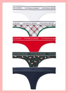 NEW Victoria’s Secret Thong 5 Pack Logo Waist Cotton Panty 5 Pair Cute Thongs M - Picture 1 of 4