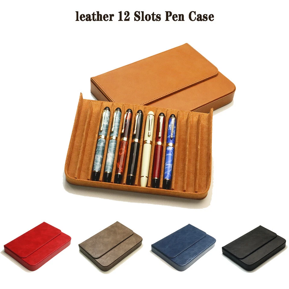 Leather 12 Slots Hard Fountain Pen Case Stationery Storage Box Organizer Gift - Image 1 of 4