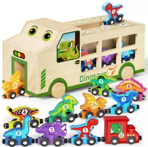 Wooden Dinosaur Truck & 10 Magnetic Train Set | Montessori STEM Toys for Kids 2- - Picture 1 of 5