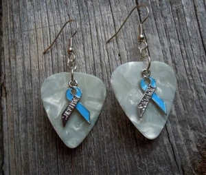 Light Blue Survivor Ribbon Guitar Pick Earrings - Picture 1 of 7