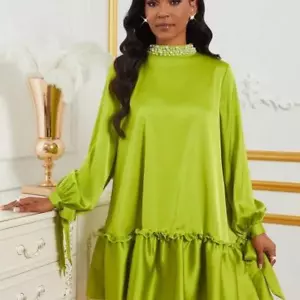 Green Ruffled Mock Neck A-line Dress for Cocktail, Prom, Wedding Events - Picture 1 of 7
